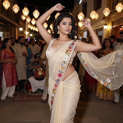 Photograph of an Indian woman with dark hair, medium brown skin, wearing a sheer white saree with floral embroidery, striking a pose on a dim