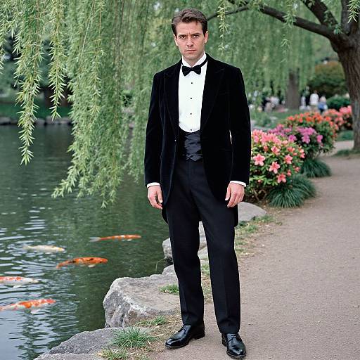 Photograph of a young man in a black tuxedo with a white shirt and black bow tie, standing by a serene pond with koi fish