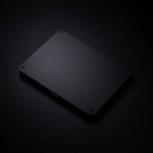 Photograph of a sleek, black tablet with a textured surface, positioned diagonally on a dark, textured background, illuminated by dim, blue lighting.