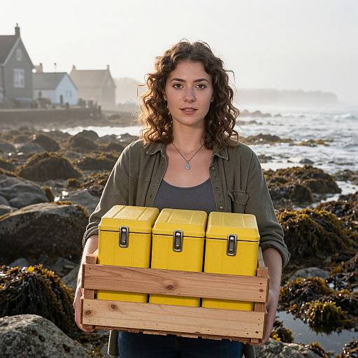 Curly-haired woman with olive skin holds wooden crate of yellow boxes on rocky coastal shore, houses in background, sunlight. Photograph.