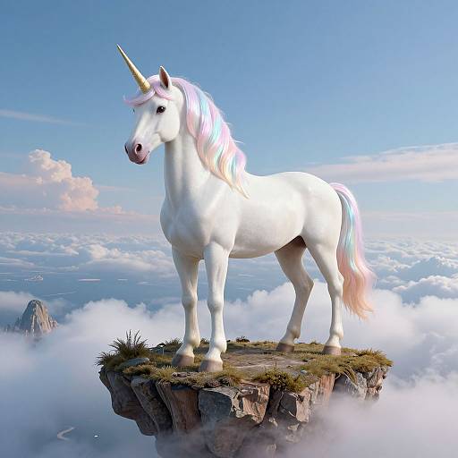 Digital artwork of a white unicorn with a pastel pink and purple mane standing on a rocky cliff amidst fluffy clouds and a bright blue sky.