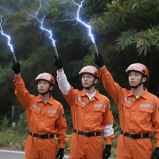 Men with Lightning Rods in Forest