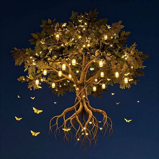 Photograph of a glowing tree with lanterns, illuminated leaves, and exposed roots, surrounded by floating yellow butterflies against a deep blue night sky.
