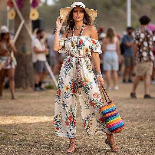 Photograph of a woman in a floral off-shoulder dress, wide-brimmed hat, and sandals, holding a colorful striped bag, outdoors