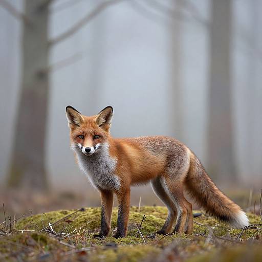 Photograph of a red fox standing on moss-covered forest floor, with blurred foggy trees in the background. The fox has a vibrant red coat,