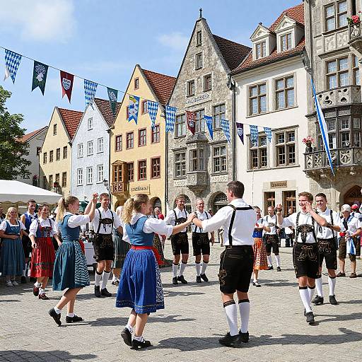 Colorful photograph of a traditional German folk dance in a cobblestone square, featuring dancers in blue dresses and white shirts, surrounded by colorful medieval buildings