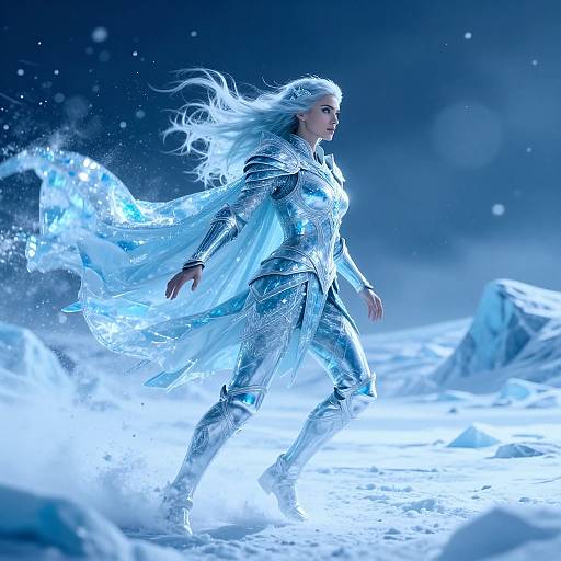 Epic digital artwork of a white-haired, armored figure walking through icy waves, with a glowing blue aura and flowing cape.