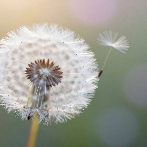Close-up photograph of a glowing white dandelion puff against a softly blurred green and pink bokeh background.