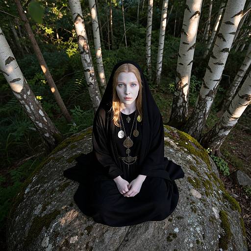 Photograph of a pale, red-haired woman in black habit, sitting cross-legged on mossy rock, surrounded by birch trees, sunlight filtering through