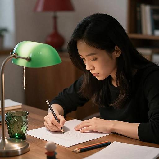 Asian Woman Drawing Under Green Lamp