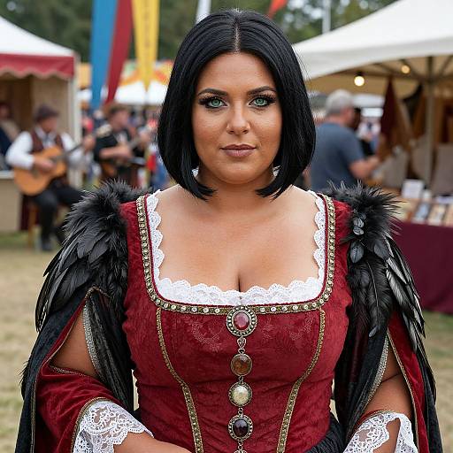 Photograph of a fair-skinned woman with black bob haircut, wearing a red Renaissance-style dress with black feathered shoulders, lace trim, and orn