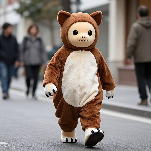 Photograph of a person walking on a city street in a brown and white bear costume with black paw-like gloves and feet, blurred pedestrians in the background