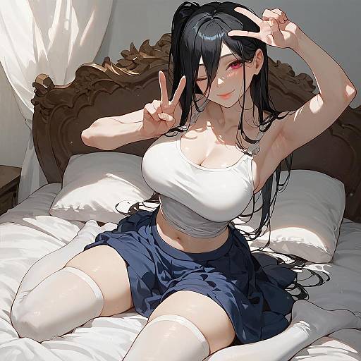 Anime Girl Sitting on Bed Making Peace Sign