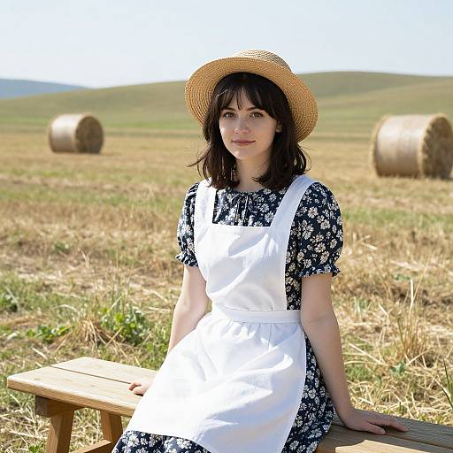 Photograph of a fair-skinned woman with dark hair, wearing a straw hat, black floral dress, and white apron, sitting on a wooden