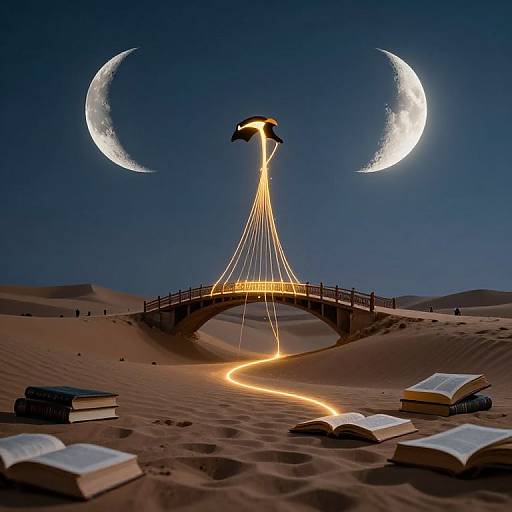Photograph-like digital art of a glowing bridge over desert, lit by moonlight, with crescent moons, books, and a trail of light.