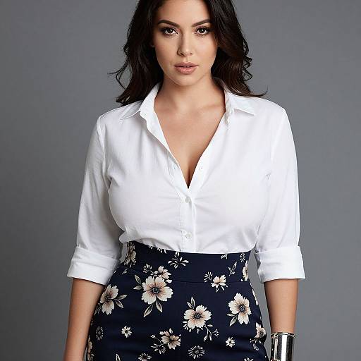 Photograph of a dark-haired woman with fair skin, wearing a white button-down shirt and navy floral skirt, against a gray background.