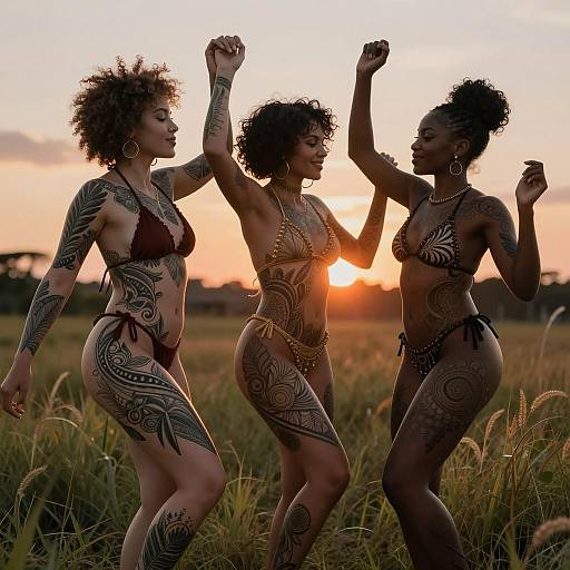 Three Women Dancing with Neo Traditional Tattoos at Sunset