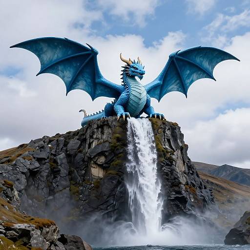 Digital artwork of a blue, winged dragon with white horns and scales, standing on a rocky cliff with a waterfall, under a bright blue sky with