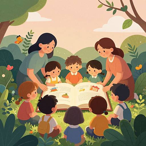 Cartoon illustration of six children and two women gathered around an open book in a colorful, sunny forest clearing.
