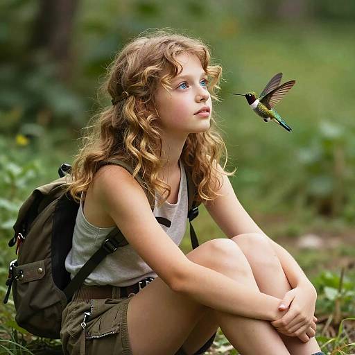 Adventurous Girl with Butterfly and Hummingbird
