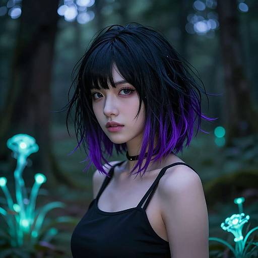 Photograph of a pale-skinned, young woman with black and purple shaggy hair, wearing a black tank top and choker, set in