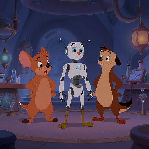 Three cartoon characters: an orange mouse, a white robot, and a brown otter, stand in a futuristic, dimly-lit laboratory.