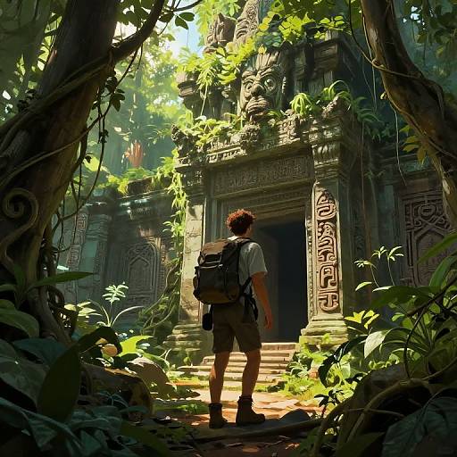 Photograph-style digital artwork: Adventurer with backpack stands before sunlit, ancient, jungle-covered temple, surrounded by lush greenery and vines.