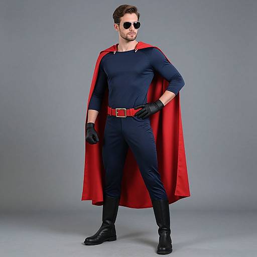Photograph of a muscular man in a black superhero suit, red cape, black boots, gloves, belt, and sunglasses, standing confidently against a gray