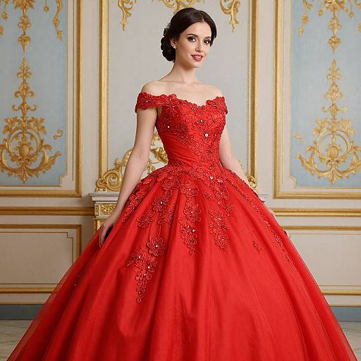 Photograph of a fair-skinned woman with dark hair in an off-the-shoulder, red, intricately embroidered ball gown, standing in an