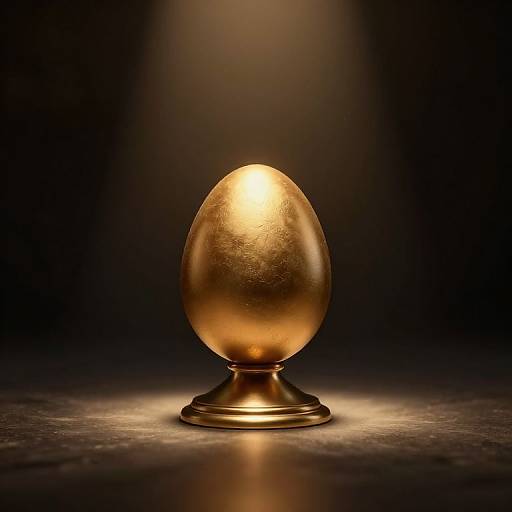 Photograph of a single, golden, frosted egg-shaped object with a glowing light inside, standing on a dark, textured pedestal against a black background