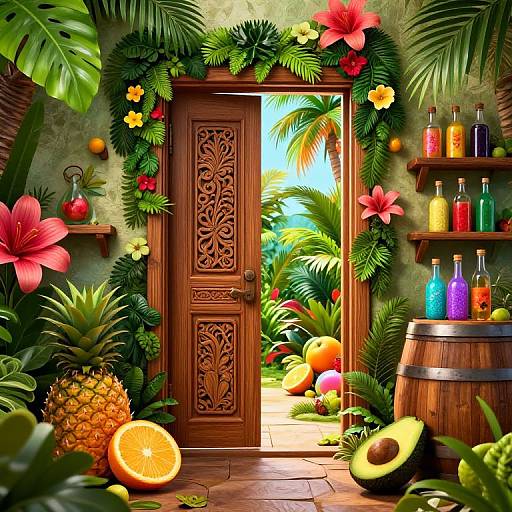 Vibrant tropical room with intricately carved wooden door, lush greenery, colorful flowers, exotic fruits, and shelves of glowing potion bottles.