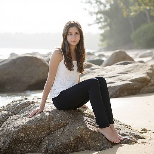 Photograph of a young woman with long brown hair, wearing a white sleeveless top and black pants, sitting barefoot on a rocky beach, with