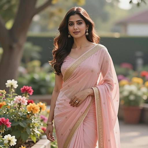 Woman in Light Pink Saree in Garden