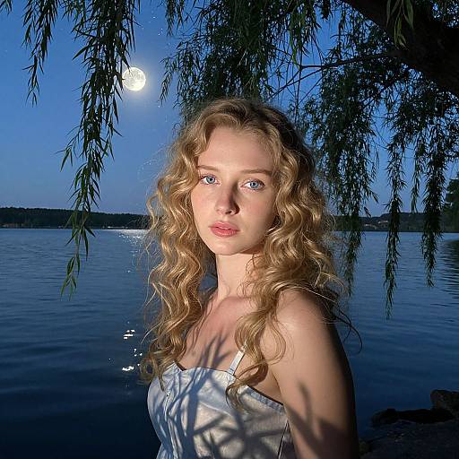 Photograph of a young woman with curly blonde hair, blue eyes, and fair skin, wearing a white strapless dress, standing in a moonlit