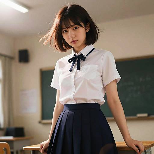 Photograph of an Asian woman with short black hair, wearing a white blouse with a black ribbon and navy skirt, standing in a brightly lit classroom with