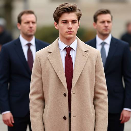 Photograph of a young man with light brown hair, wearing a beige overcoat, white shirt, and maroon tie, flanked by two blurred