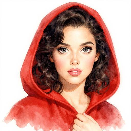 Digital drawing of a young woman with fair skin, large blue eyes, and wavy dark brown hair, wearing a red hooded cloak, reminiscent of