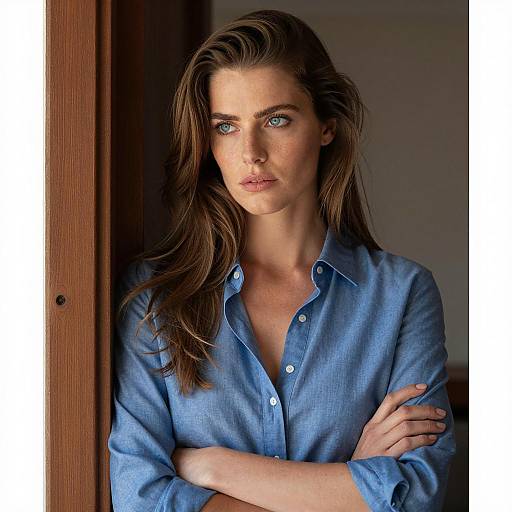 Woman with Blue Shirt Standing in Doorway