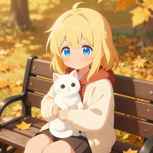 Anime-style drawing of a blonde girl with blue eyes, holding a white cat, sitting on a bench in a sunny autumn park.