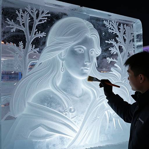 Photograph of a man carving intricate, glowing ice portrait of a woman with long hair and delicate tree patterns in the background.