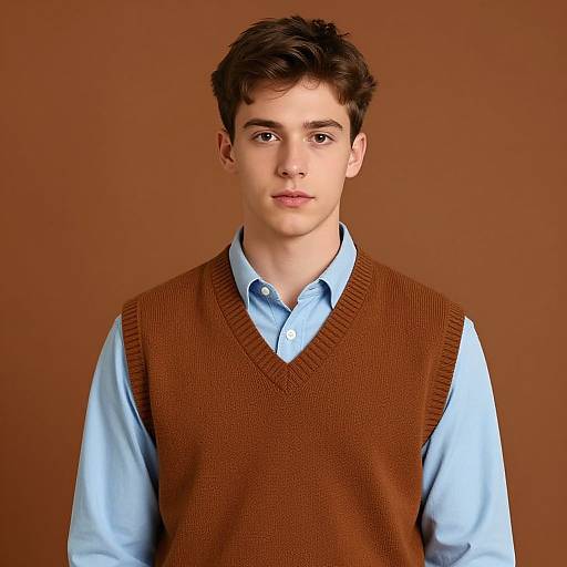 Photograph of a young Caucasian man with short, dark brown hair, wearing a light blue shirt and brown sleeveless sweater, against a solid brown background