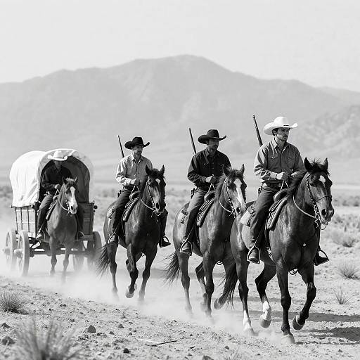 Mounted Cowboys with Covered Wagon in Desert