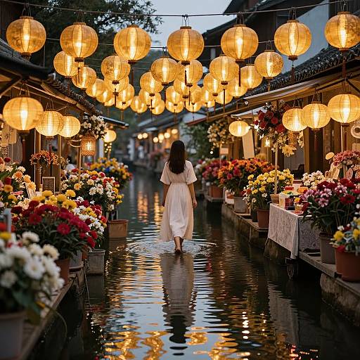 Photograph of a woman in a white dress wading through a flower-filled, lantern-lit, narrow Asian street canal at dusk.