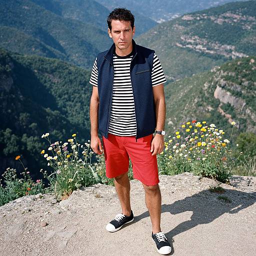 Photograph of a serious-looking man with short dark hair, wearing a black vest, striped shirt, red shorts, and black-and-white sneakers, standing