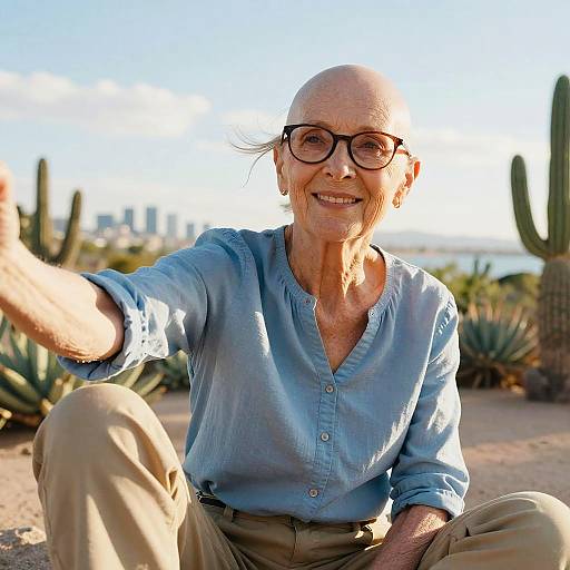 Photograph of an elderly bald woman with glasses, smiling, wearing a blue blouse and beige pants, taking a selfie in a sunny desert with cact