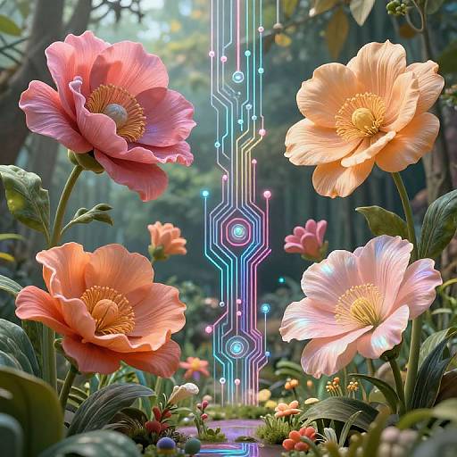 Photorealistic digital artwork of vibrant pink and orange poppies with glowing neon circuits in a lush forest background.