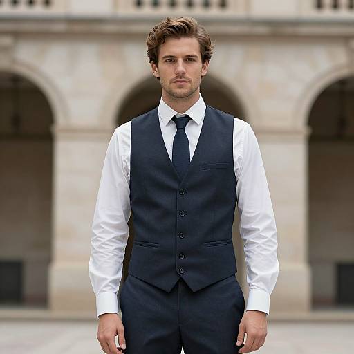Photograph of a handsome, fair-skinned man with brown hair, wearing a white dress shirt and black vest with tie, standing in front of a