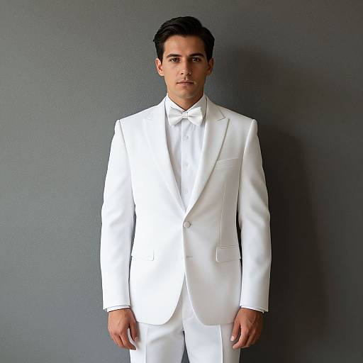 Photograph of a young man with dark hair, wearing a crisp white tuxedo with a bow tie, standing against a solid gray wall.