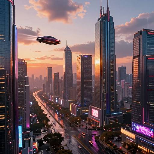 Futuristic Cityscape with Flying Cars at Sunset