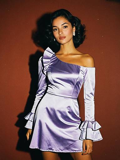 Woman in Pearlescent Lilac Satin Mini Dress